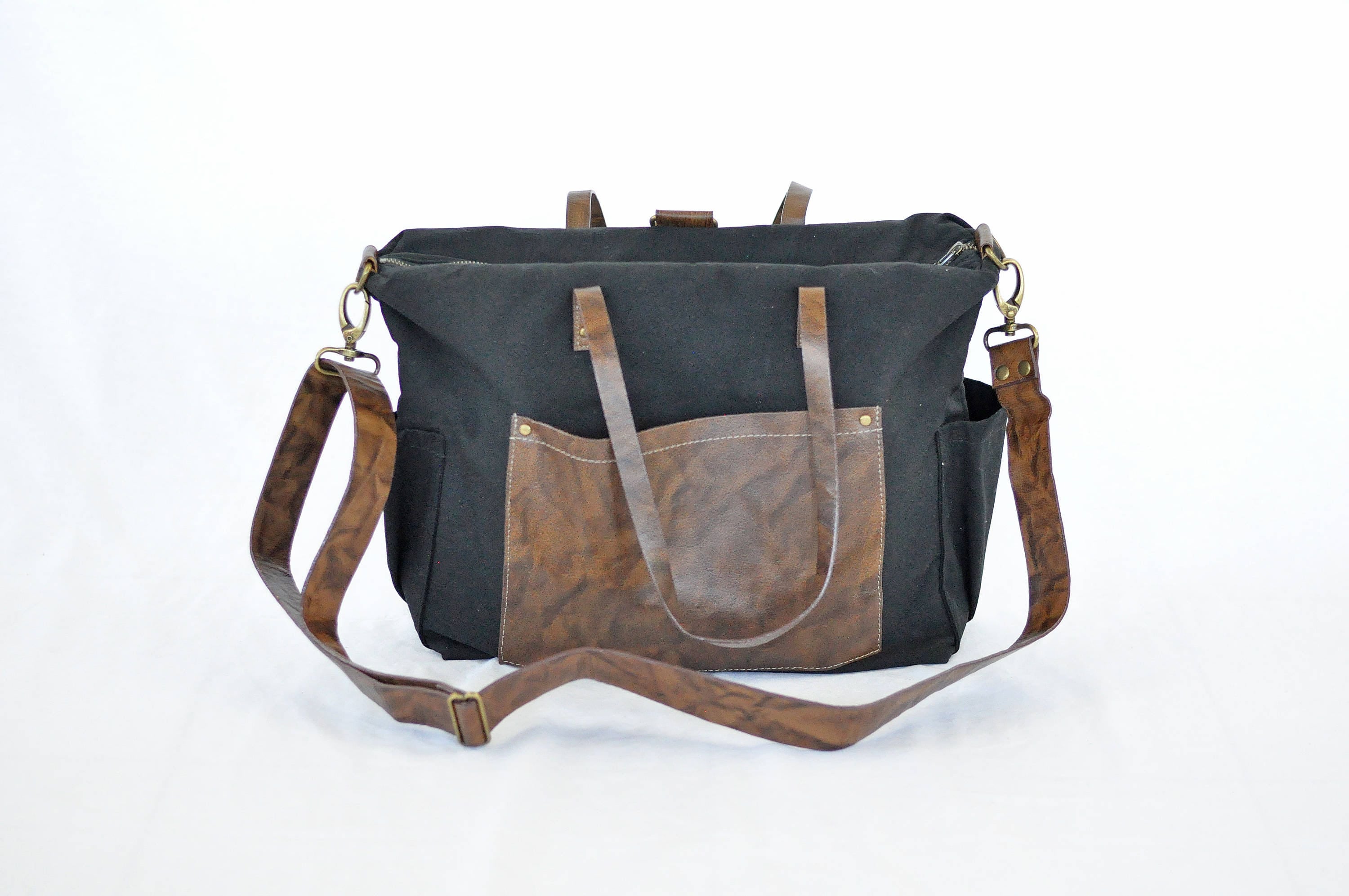 Solid Black Canvas and Leather Diaper Bag