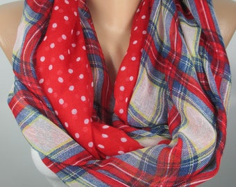Polka Dots Blue Red Scarf Plaid Scarf Infinity Scarf Women Fashion Accessories Christmas Gift Ideas For Her For Mom Lightweight Scarf