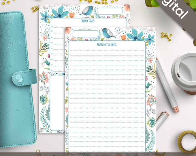 A5 Weekly Planner Printable, Filofax A5 printable refills, Undated Weekly Inserts, Arinne Blue Bird DIY Planner PDF Instant Download