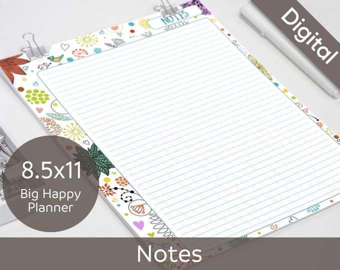 8.5x11 Notes, Printable Notes refills, Big Happy Planner, Letter size, Syasia Cute Floral Day Organizer, DIY Planner PDF Instant Download
