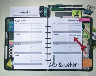 Weekly Planner Printable Pages, 2018 Dated, WO2P, A5, Letter, half page, Mo-Su, Su-Sa, Weekly Planner Inserts, Filofax, Kikki K, TIC