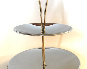 Mid Century Kromex Two Tier Chrome Tidbit Serving Tray with Handle