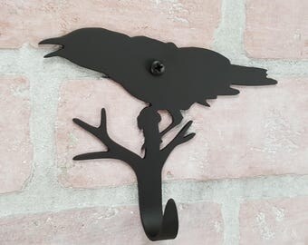 Crow Wall Hook, Crow bath hook, key hook, Raven hook, Crow décor, Raven décor, Crow or Raven silhouette, Gothic black bird, Pagan Folk art