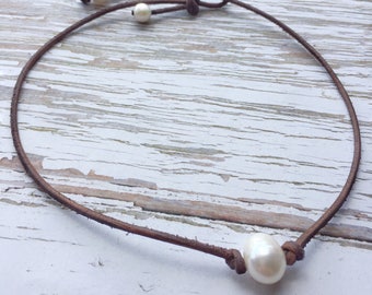 Dark Brown Leather and Pearl Choker Necklace ~ Single White Freshwater Pearl Boho Beach Necklace