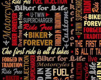 Biker For Life Fabric By The Yard / Biker Lingo, Words on Black Motorcycles on Black / Quilting Treasures 26019 / Fat Quarters and Yardage