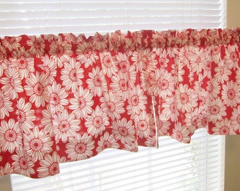 Red and white kitchen valances, modern valances, handmade valances, big flowers, kitchen windows, bathroom windows