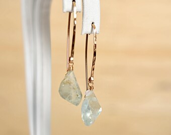 Raw Aquamarine Earrings, Blue Raw Crystal Earrings, March Birthstone Dangle, Rough Gemstone Earrings: 14K Rose Gold Filled, Sterling Silver
