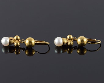 18k 6mm Pearl Fancy Dangle Earrings Gold