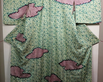 Green and burgundy shibori traditional Japanese kimono