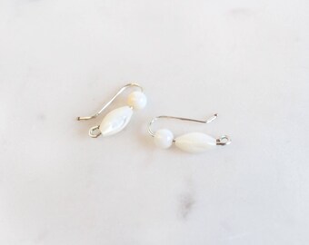 White Shell Ear Climbers - Mother of Pearl Earrings - Dainty Ear Crawlers - Dainty Ear Climbers - Ear Crawler Earrings - Ear Crawler Silver