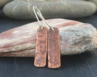Copper Earrings, Etched Copper Dangle Earrings on Sterling Silver Ear Hooks with Flower Design, gift for her, gift for friend, Under 20, UK