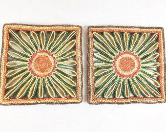 2 Square Vintage Wicker Coasters Vintage Straw Coasters Woven Caosters Red Yellow Green Coasters