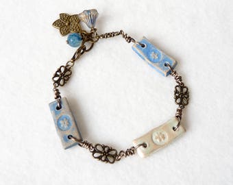 Rustic Boho Bracelet, Bohemian Bracelet, Link Bracelet, Flower Bracelet, Floral Ceramic Beads, Handmade Jewerly, Womens Beaded Bracelet