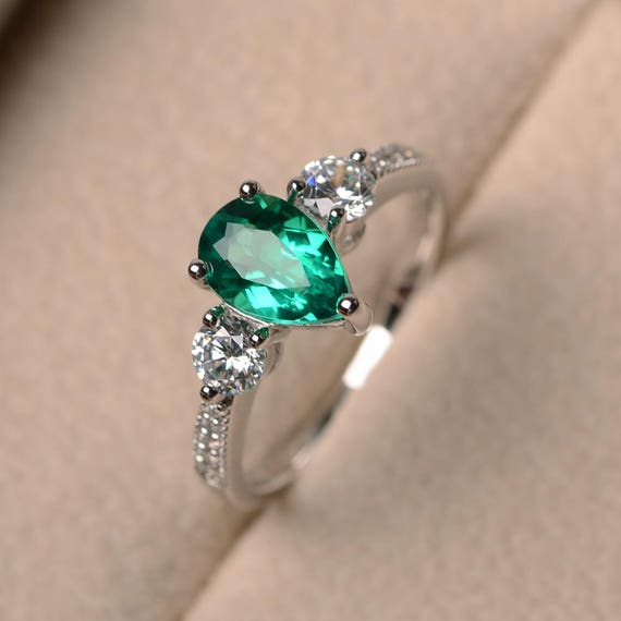 Pear cut gemstone lab emerald ring engagement ring green