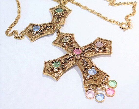 Designer Signed GOLDETTE Runway Necklace 1970s Victorian Revival Fashion Jewelry Cross with Pastel Bezel Set Open Back Crystals and Tassel