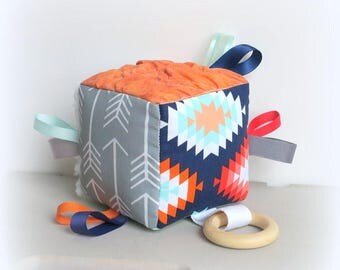 Aztec sensory cloth block, teething toy, baby soft block, ribbon cloth block, tag cube, teething cube, baby shower gift, arrow baby toy