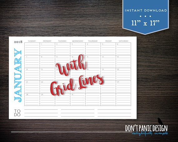 2018 Printable Monthly Calendar With Grid Lines Rustic