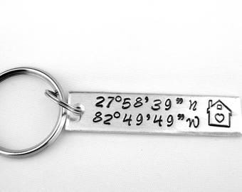 Map Coordinates, Latitude Longitude Keychain, GPS Coordinates Gift, Moving Away, Going to College Gift, Home Sweet Home, Long Distance Gift