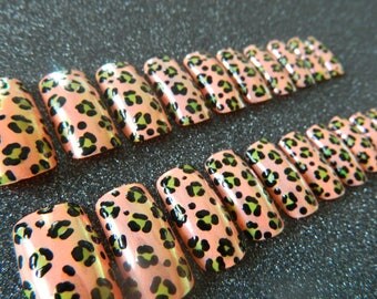 Long Square Orange Pearl Leopard Print Nails.