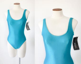 1980s aqua blue ribbed tank scooped back Jantzen one piece swimsuit NOS deadstock / 80s 90s vintage swimsuit / extra small XS S