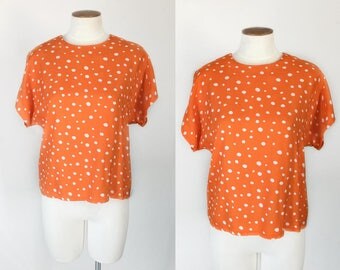 1980s orange polka dot oversized dolman sleeve top / 80s blouse / small XS S