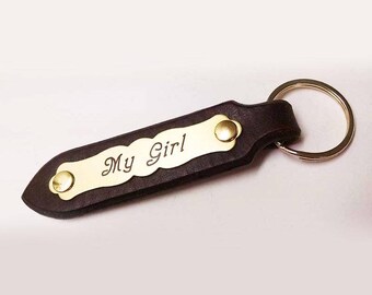 Engraved Leather Key Fob with 2 1/2" Ornate Custom Engraved Brass or Nickel Silver Plate
