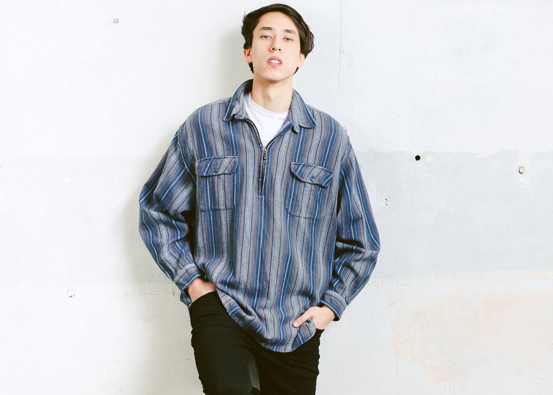 Men 90s Grunge Striped Shirt Vintage Long Sleeve Mens Zip Sweatshirt Everyday Clothing Size Large L Men 90s Grunge Striped Shirt Vintage Long Sleeve Mens Zip Sweatshirt Everyday Clothing Size Large L