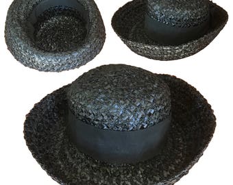 Vintage 1940s Black Brimmed Straw Hat