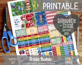 Frida Kahlo Weekly Printable Planner Stickers, EC Planner Stickers, Weekly Planner Stickers, Mermaid Stickers - Cut files, Cricut files