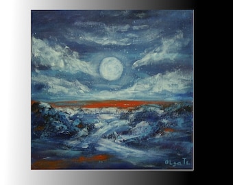 small art blue canvas art mens personalized gift brother gifts for birthday night art moon painting modern art abstract painting decor