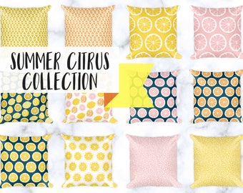 Summer Citrus Collection | Throw Pillows | Summer | Citrus Fruit | Polka Dot | Pink | Accent Pillow | Decorative Pillow | Tangerine | Lemons