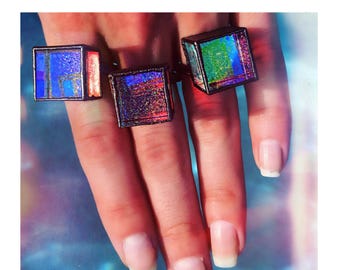 Pandora's Box Light Reflecting Glass Holographic Cosmos Ring - Stellar Galaxy Ring - Psychedelic Rainbow Prismatic Ring
