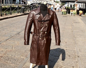 Brown vintage leather trench coat double breasted years original 70 sz M