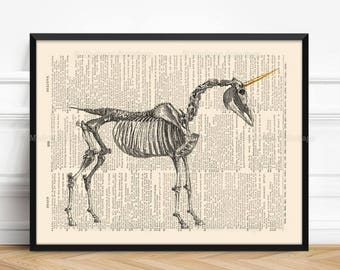 Gold Unicorn Horn, horse lover gift, Pastel Goth Decor, Gold Unicorn Poster, Girlfriend Xmas Gift, Gift for Her 15th, Unicorn Skeleton, 119