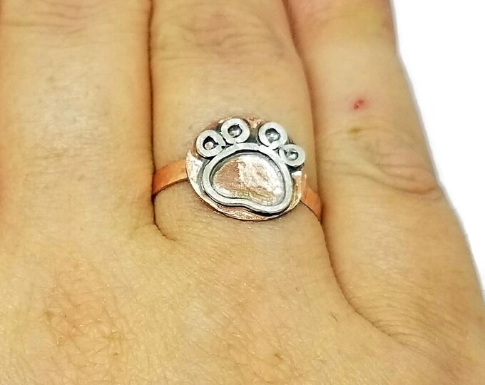 Copper Sterling Silver Paw Print Ring, Mixed Metal Paw Print Ring, Dog Lover Ring, Gift for Dog Owner, Gift for Her, Unique Birthday Gift