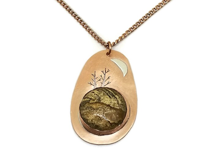 Mixed Metal Picture Jasper Pendant, Copper Landscape Necklace, One of a Kind Gemstone Pendant, Unique Birthday Gift, Gift for Her