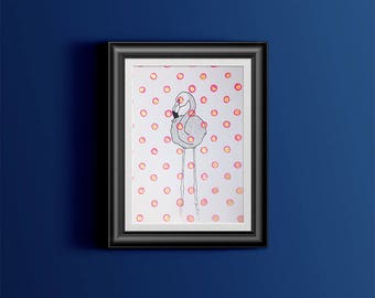 Affiche illustration Flamant rose à pois - rose et or - faite à la main - A4