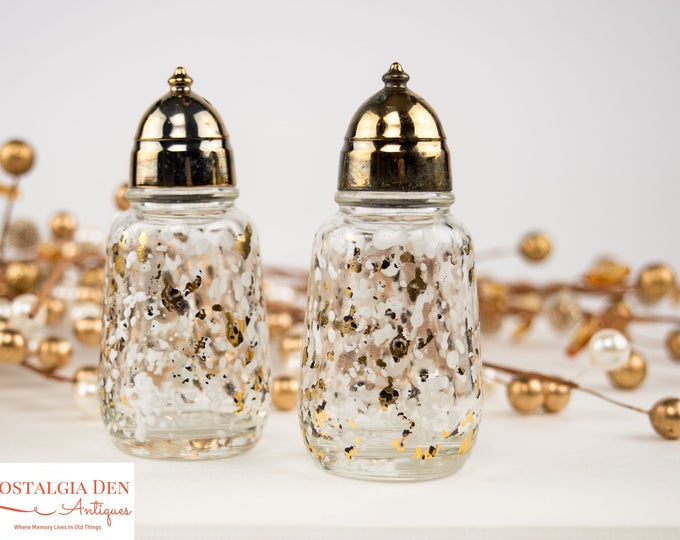 Vintage Salt & Pepper Shakers | MCM Hazel Atlas Glass Gold / White Splatter Print