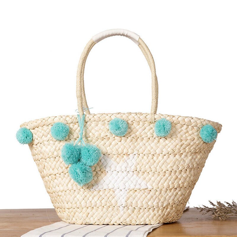 Straw bag Pom Pom Fashion Bag for Summer Beach Tote Bag