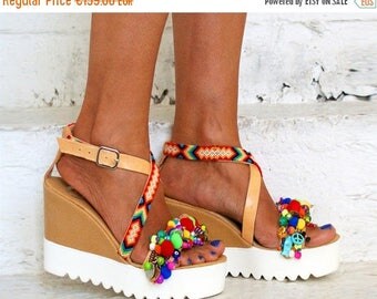 20% OFF Cork wedged Heel/leather sandals/ Friendship sandals/ Pom pom sandals/Boho sandals/Handmade sandals/Colourful sandals/"MARSHMALLOW"