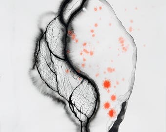 Encres sur papier "Fibre" oeuvre originale - encre de chine noire rouge - art abstrait contemporain