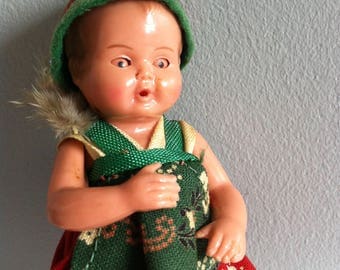 Little Alpine doll, 10cm sleepy eyes, moving arms and legs, Bavarian costume doll.