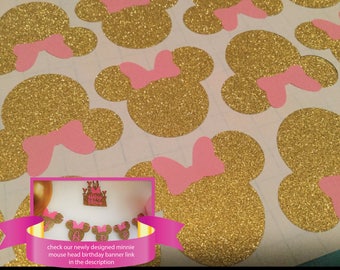 2" size vinyl minnie mouse head with a gold or silver glitter bow stickers ( 15 heads )