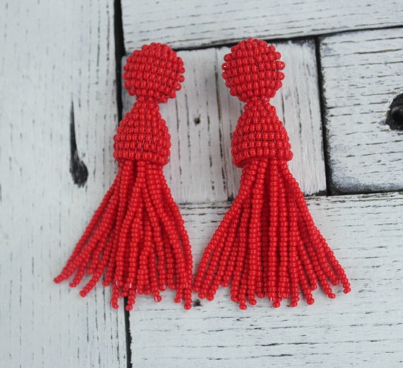 Red Tassel earrings Beaded mini tassel earrings Clip on