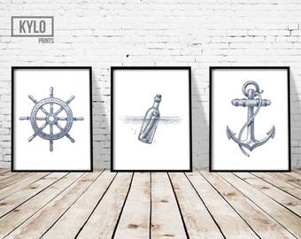 Nautical Print Set 3 of 11x14", Nautical Poster, Sailing Print, Nautical Illustration, Nautical Wall Art, Nautical Decor, Sailing Wall Art