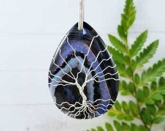 Silver Tree-Of-Life Pendant, Crystal Geode Agate Necklace Wire Wrapped Jewelry, Healing Crystal Long Necklace, Boho Jewelry, Gift For Her