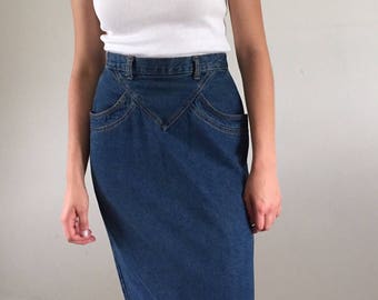 Vintage 80s Denim Jean Skirt w/ Pockets & Front Yoke | 27-28W 4/6