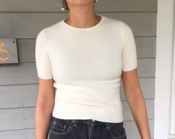 Vintage 90s Perfect Creamy White 100% Cashmere T-Shirt | XS/S