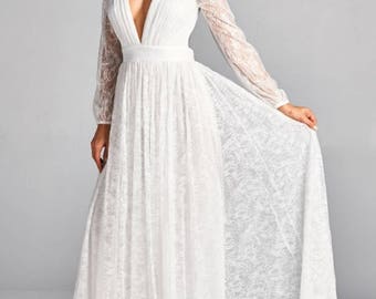 Women's White Lace Long Sleeve Wedding Dress/Bridal Dress/Bridal Gown/Lace Bridal Gown/Boho Bridal Gown