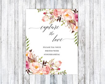 Wedding hashtag sign printable, Boho instagram sign, Hashtag wedding sign, Capture the love social media,Wedding Hashtag PDF, printable sign